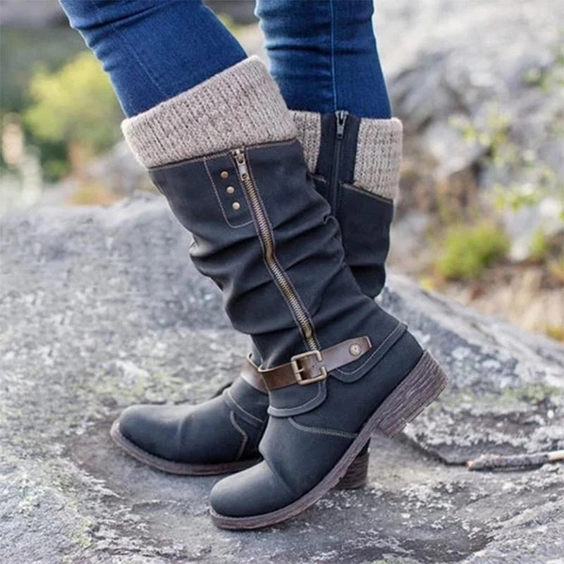 Women’s Leather Flat Heel Mid-Calf Zipper Boots🔥