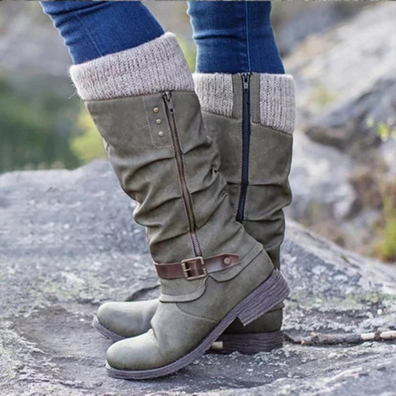 Women's Leather Flat Heel Mid-Calf Zipper Boots🔥 – Divine Grace